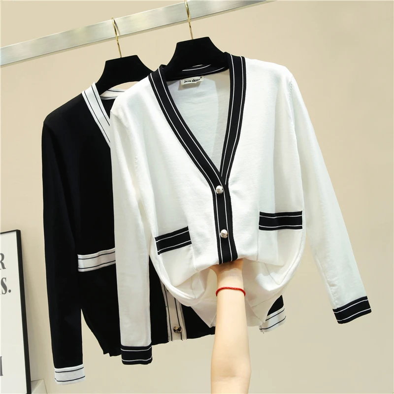 

V Neck Knitted Female Cardigans New Spring Autumn Summer Long Sleeve Sun Protection Clothing All-match Knitting Sweaters Women