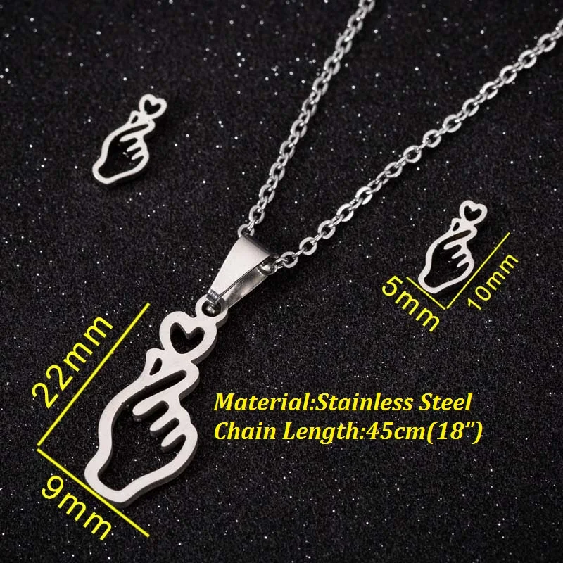 Korean Fashion Finger Heart Earrings Hand Necklace Pendant Women Stainless Steel Jewelry Set