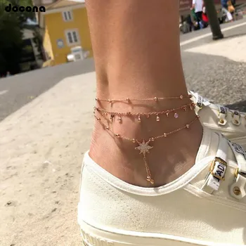 

docona Beach Gold Color Water Drops Crystal Star Bell Layered Anklets for Women Girl Chains Pendant Anklet Foot Jewelry 7118
