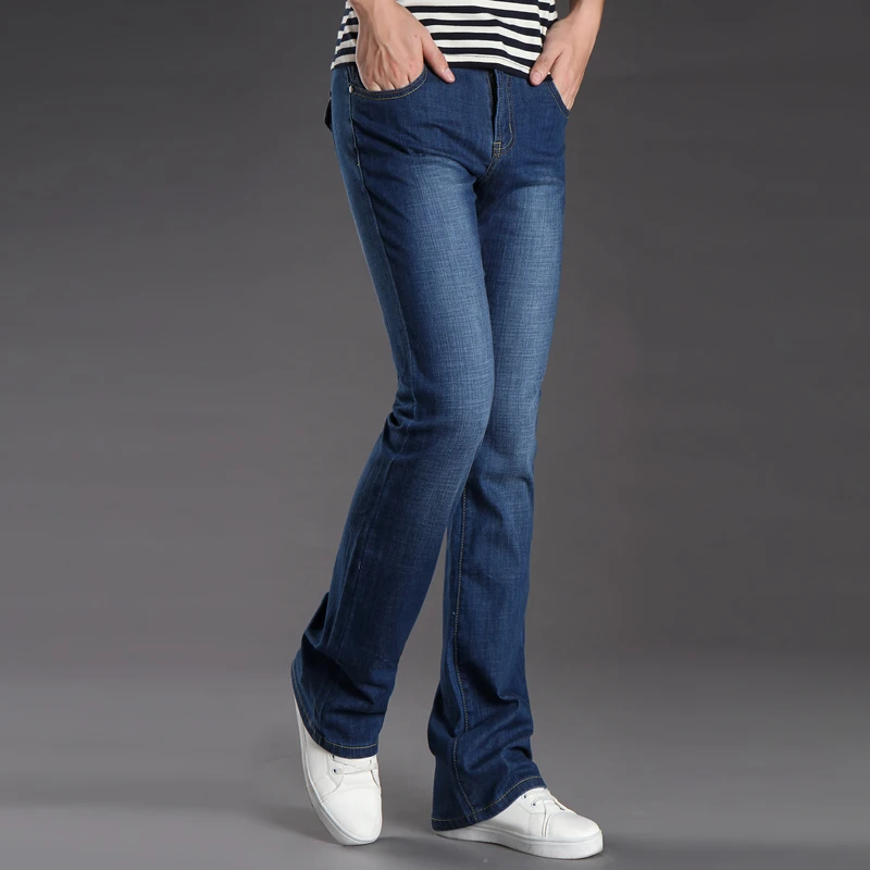 Корейский стиль, мужские синие расклешенные джинсы, средняя талия, облегающие джинсы, мужские брюки размера плюс, расклешенные джинсы, брюки для мужчин