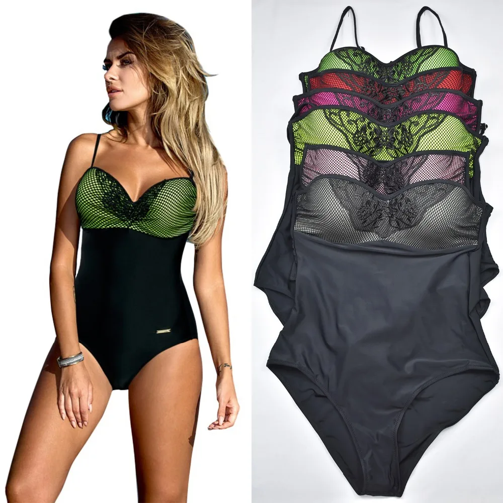 

ESSV Plus Size One Piece Swimsuit Sexy Mesh Patchwork Swimwear Women High Cut Bodysuit Summer Bathing Suit Strap Beachwear