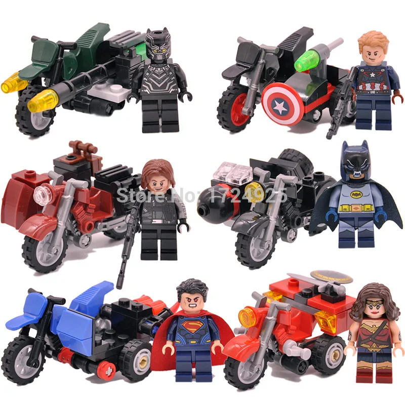 

Single Sale Super Hero Figure Set Motorcycles Captain America Black Panther Batman Wonder Woman Building Block Models Toys