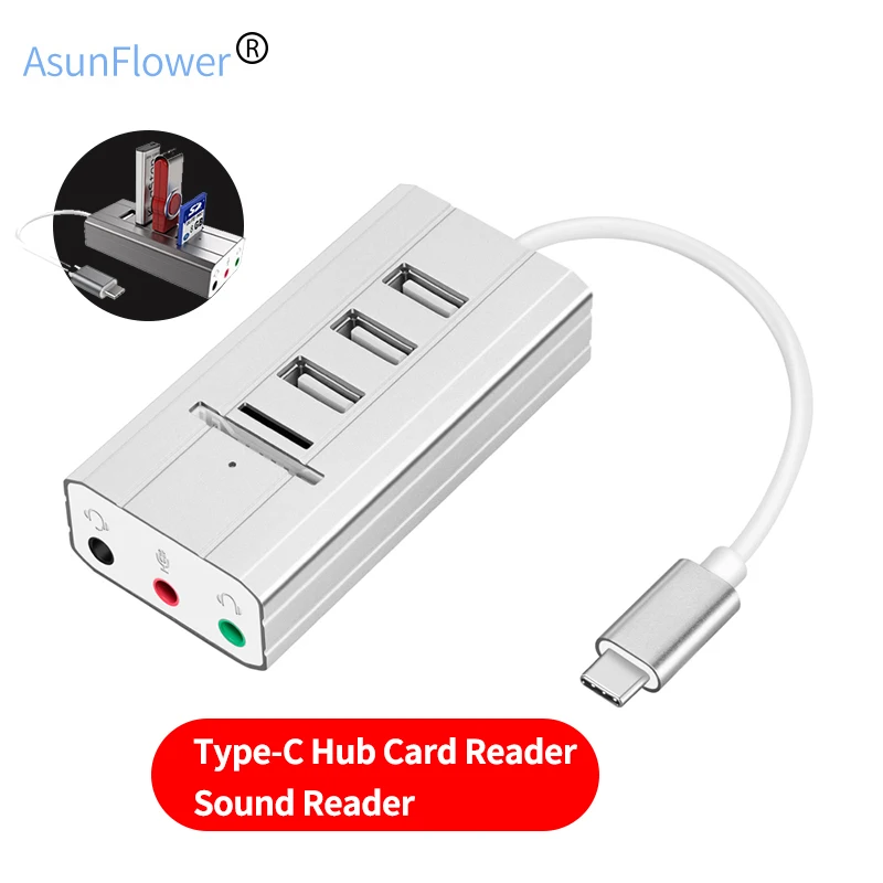 

For PC 3 Port Type C Hub Splitter + Sound Card + Card Reader Type-C Hub Splitters Eexternal Independent Sound Card 3 Interface