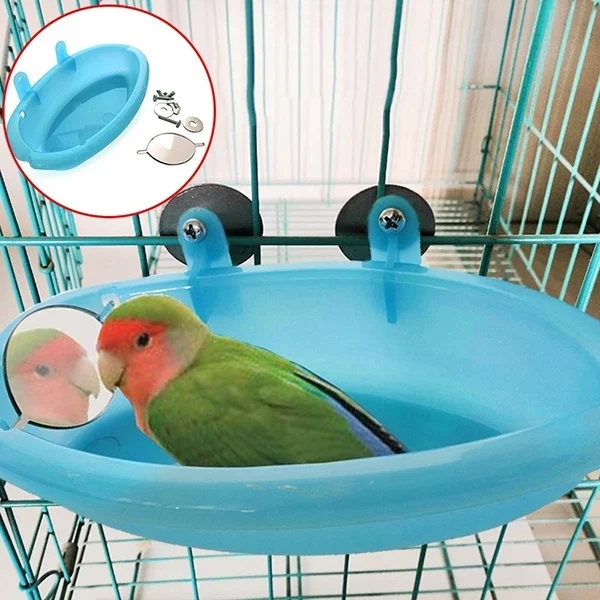 

Bird Perch Shower Pet Bird Bath Cage Basin Parrot Bath Basin Parrot Shower Supplies with Mirror Food bowl birds accessories