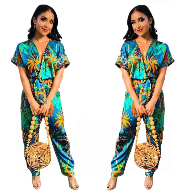2018 Deep V Neck Summer Jumpsuits Women Green Leaves Print Beach