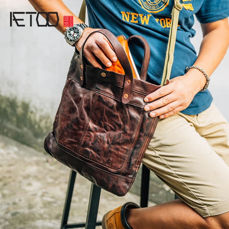 

AETOO Head cowhide men's crossbody bag leather computer bag carry-on small handbag