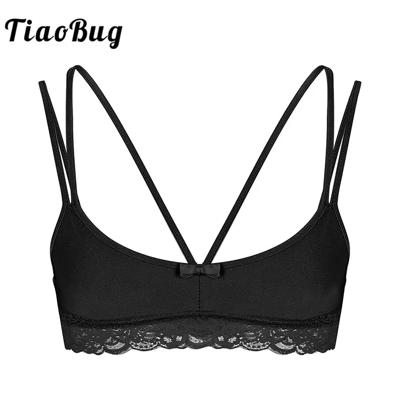 TiaoBug мужчины Crossdressing нижнее белье SISSY Гладкий провод-бесплатно Bralette Спагетти ремни кружева мужской бюстгальтер Топ горячий сексуальный гей эротические Топы