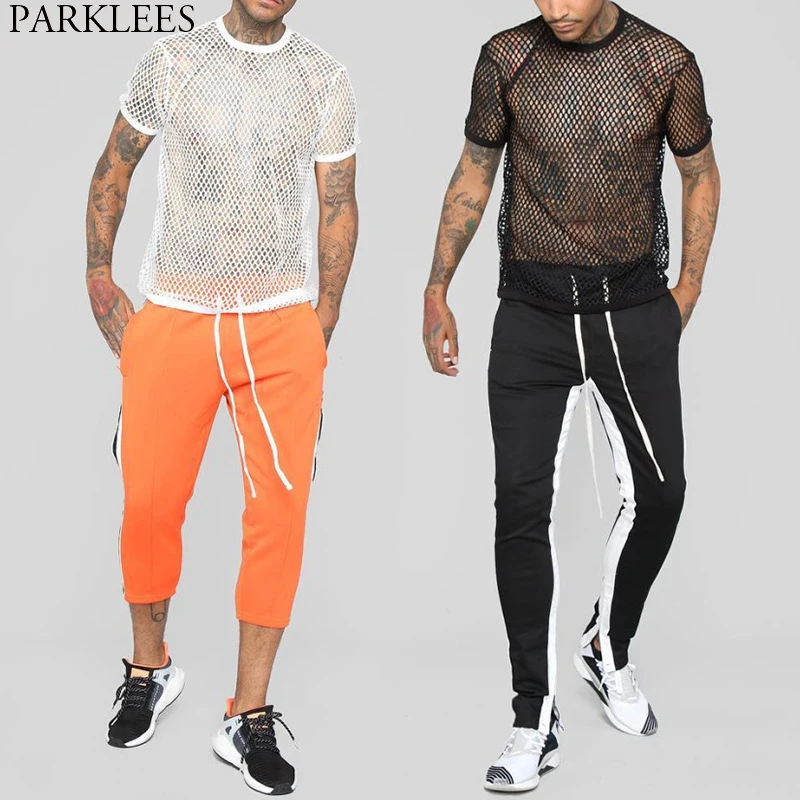 

Men's Transparent Mesh Fishnet T-shirt 2019 Sexy Short Sleeve See through T Shirts Mens Hip Hop Streetwear Tops Tee Shirt Homme