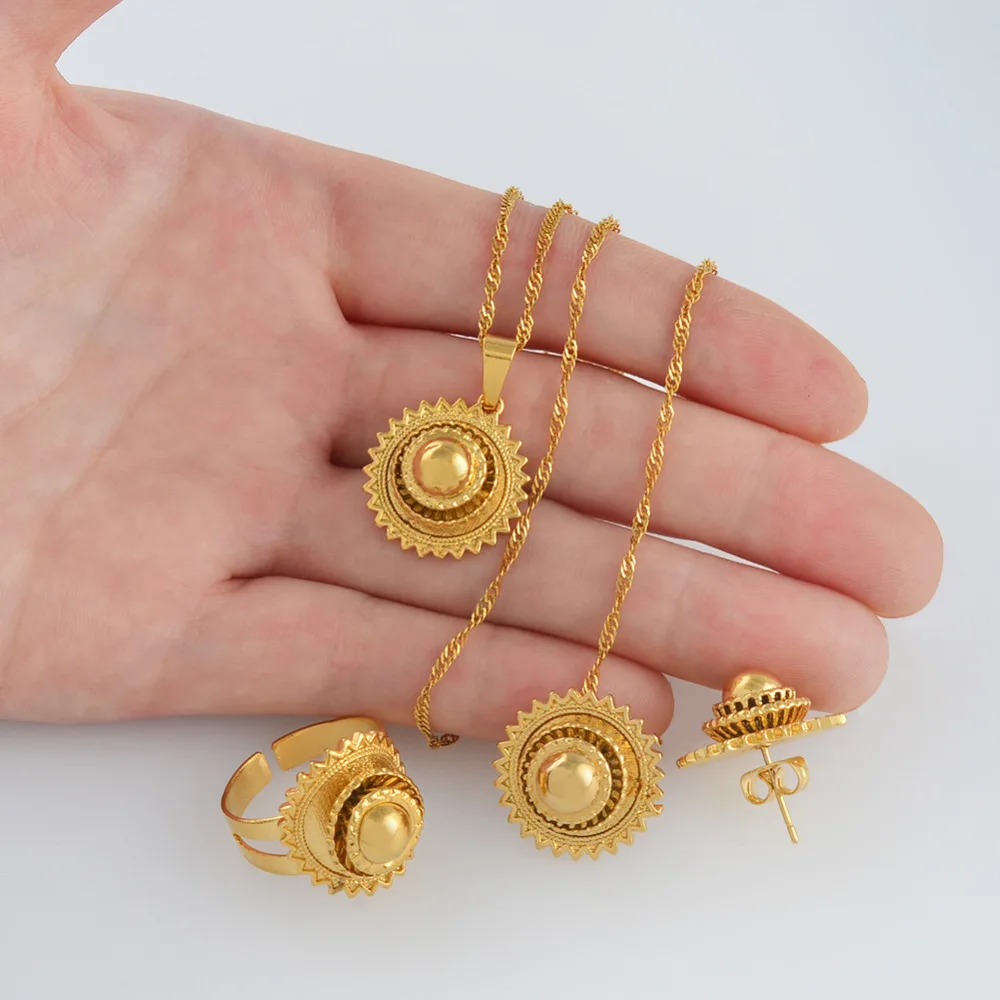 Gold Color Ethiopian Necklace Earrings Ring African Bridal Jewellery sets Habesha Eritrea Wedding Small Jewelry set#J0749