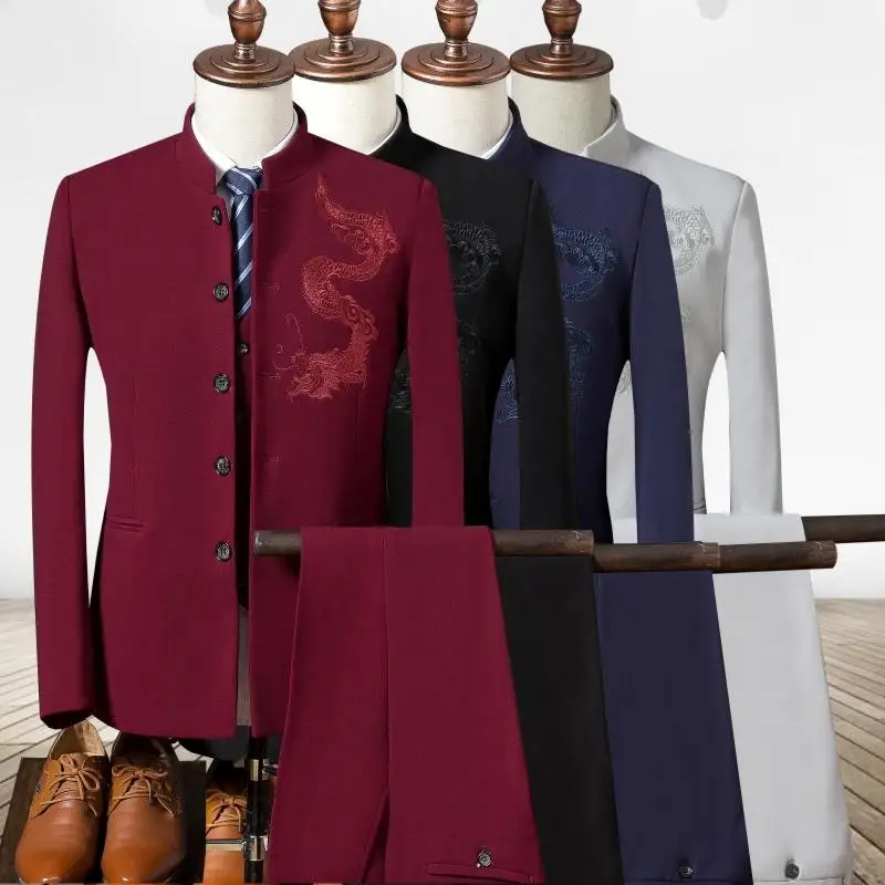 

Men Blazers And Suit Jackets 3-Piece/Set Embroidery Dragon Pattern Wedding Suits for Mens Suits with Pants Black White Navy Red