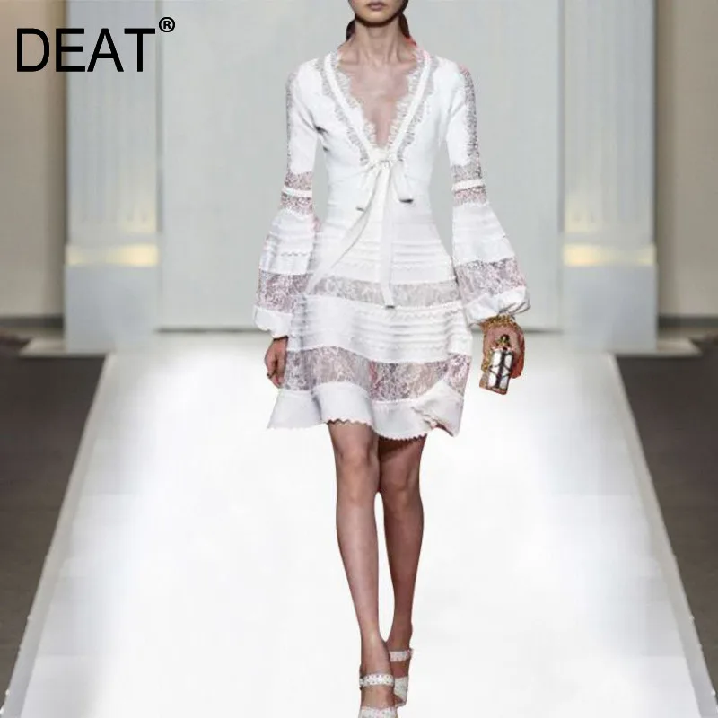 

DEAT 2020 New Summer Fashion Women Clothes V-neck Lantern Sleeves Lace Hollow Out High Waist Sexy Dresses Female WG22200L