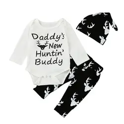 TELOTUNY/Одежда для маленьких девочек Комбинезон с надписью «олень» для новорожденных девочек, топы + штаны, комплект одежды с шапкой, bebe