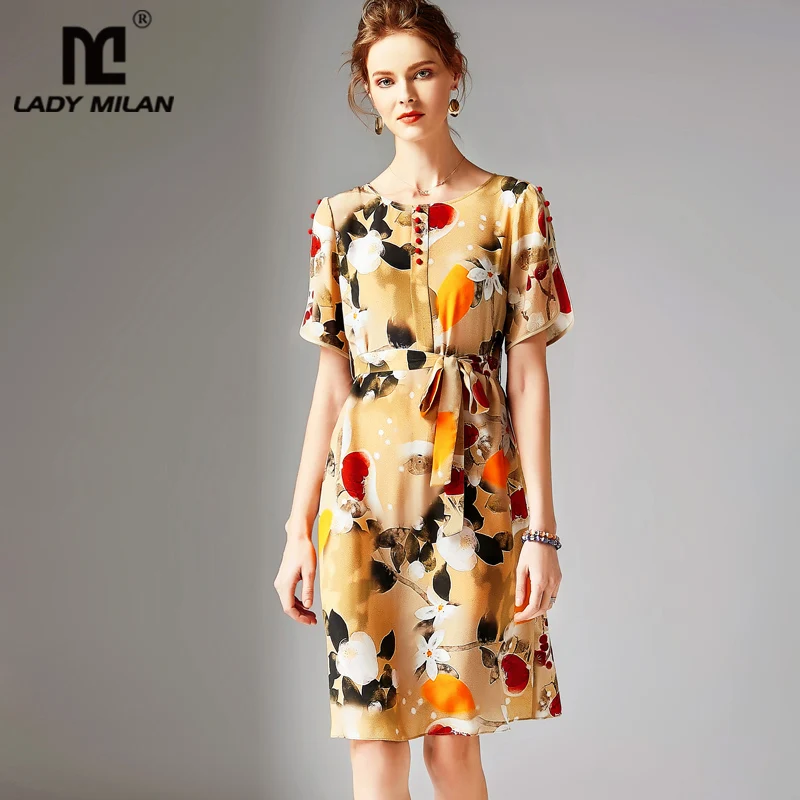 

2019 100% Natural Silke Women's Runway Dresse O Neck Short Sleeves Sash Belt Printed Elegant Summer Casual Dresses