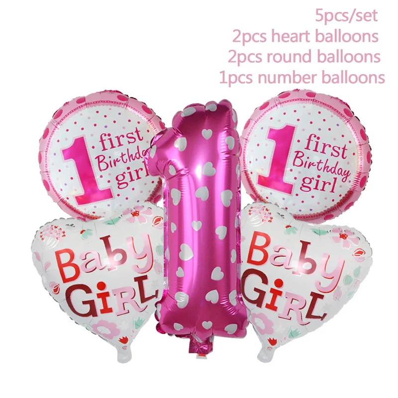 Воздушные шары на 1-й день рождения, бумажный баннер, розовые фольгированные воздушные шары для маленьких девочек на день рождения, вечерние украшения для малышей 1 первый год - Цвет: B04