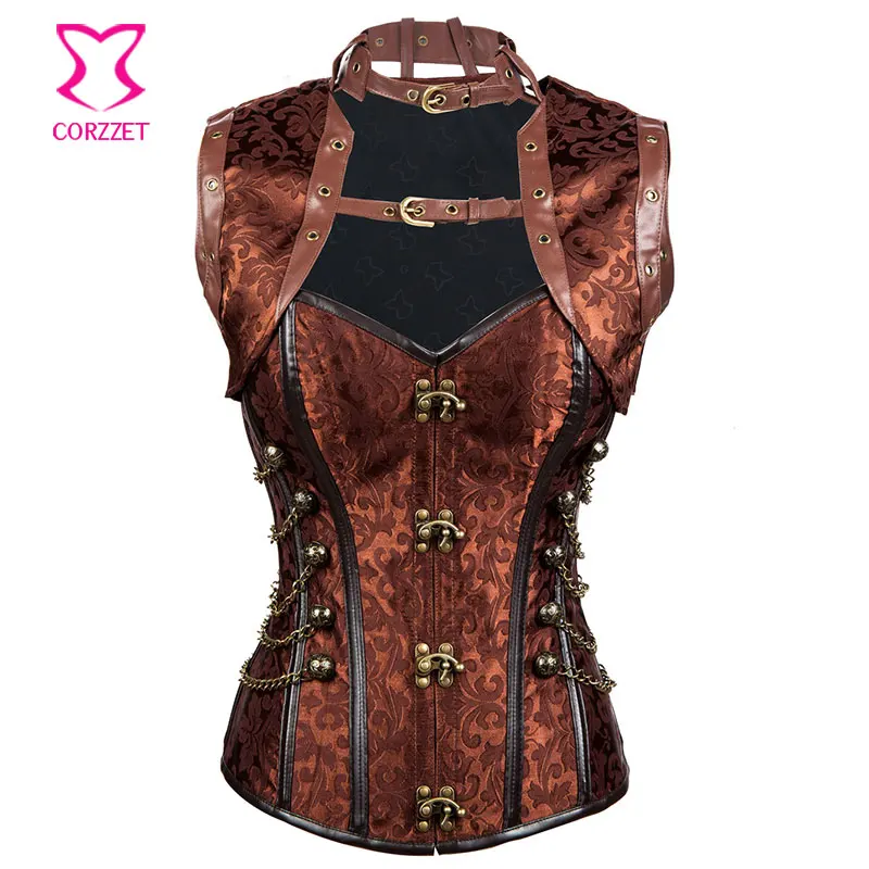 

New Brown Gothique Steampunk Corset Corselet Overbust Steel Boned Corsets Waist Trainer Korse Corpetes E Espartilhos Para Festa