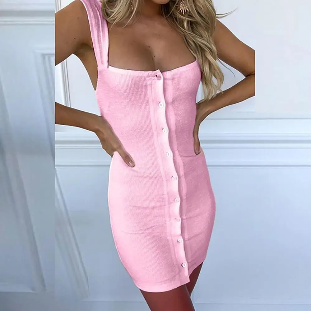

Women's Ladies Summer Casual Dress Fashion Sexy Solid Sleeveless Casual Mini Dress Button Summer Clubwear Dress robe femme 2019