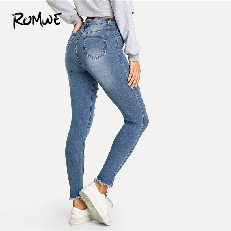 ROMWE рваные необработанный край Выцветшие Джинсы синие обтягивающие брюки на молнии со средней талией стильные весенне-осенние женские брюки