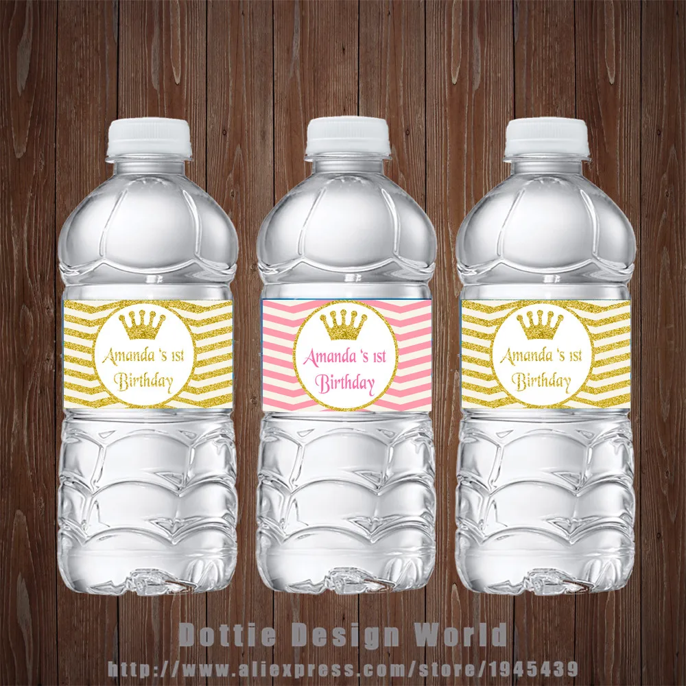

20 pcs/lot Princess Water Bottle Label Gold Pink glitter chevron Candy Bar Girls Birthday Baby shower Party decoration supplier
