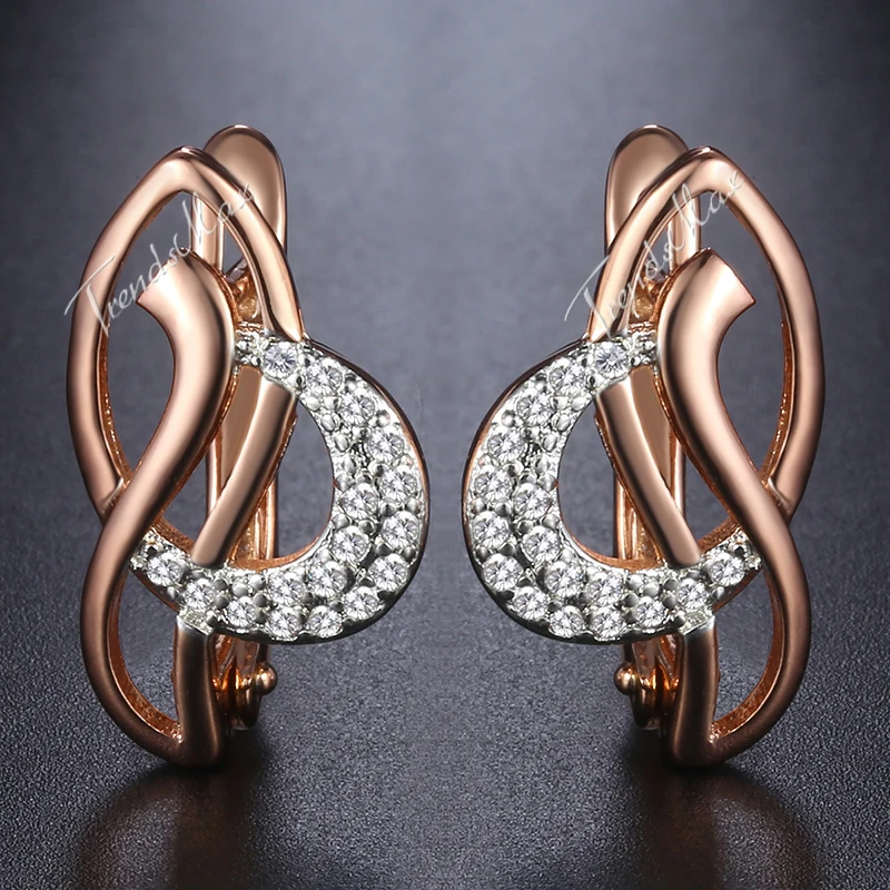 Womens Stud Earrings Leaf Shaped CZ 585 Rose Gold Earring For Woman