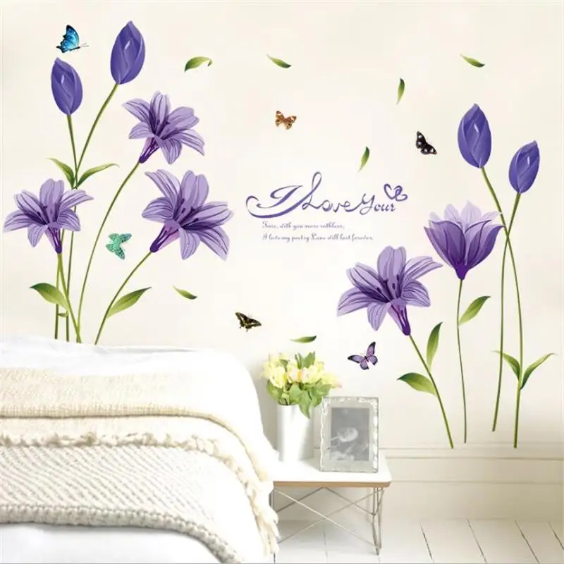 New Arrived Warm Romantic Purple Lily Flower DIY Removable Wall Stickers TV/Sofa Background Living Room Decals SK9122B | Дом и сад