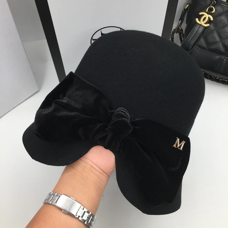 

Restoring ancient ways POTS hat fashion joker black wool hat velvet bow fisherman bucket hat