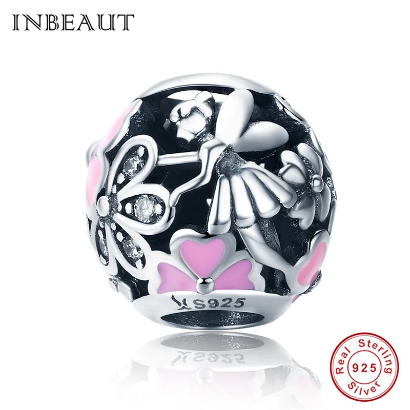 INBEAUT Настоящее 925 пробы Серебряный цветок Дерево лист птица бусины сердце с ромашками, эмалированное эльф талисманы fit Pandora браслет - Цвет: sa760