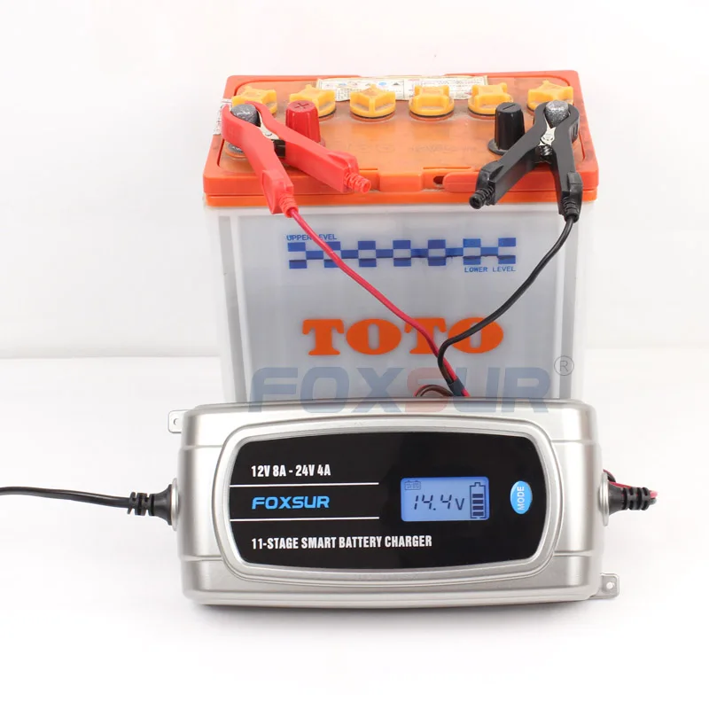 FOXSUR 12V 8A 24V 4A 11-stage Smart Battery Charger, 12V 24V EFB GEL AGM WET Car Battery Charger with LCD display & Desulfator FOXSUR 12V 8A 24V 4A 11-stage Smart Battery Charger, 12V 24V EFB GEL AGM WET Car Battery Charger with LCD display & Desulfator