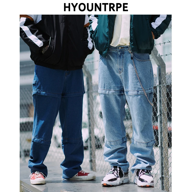 

Zipper Open Spliced Denim Pants Men Hip Hop Loose Wide Leg Pants Chain Decoration Fashion Dad Pants Autumn Winter Casual Trouser