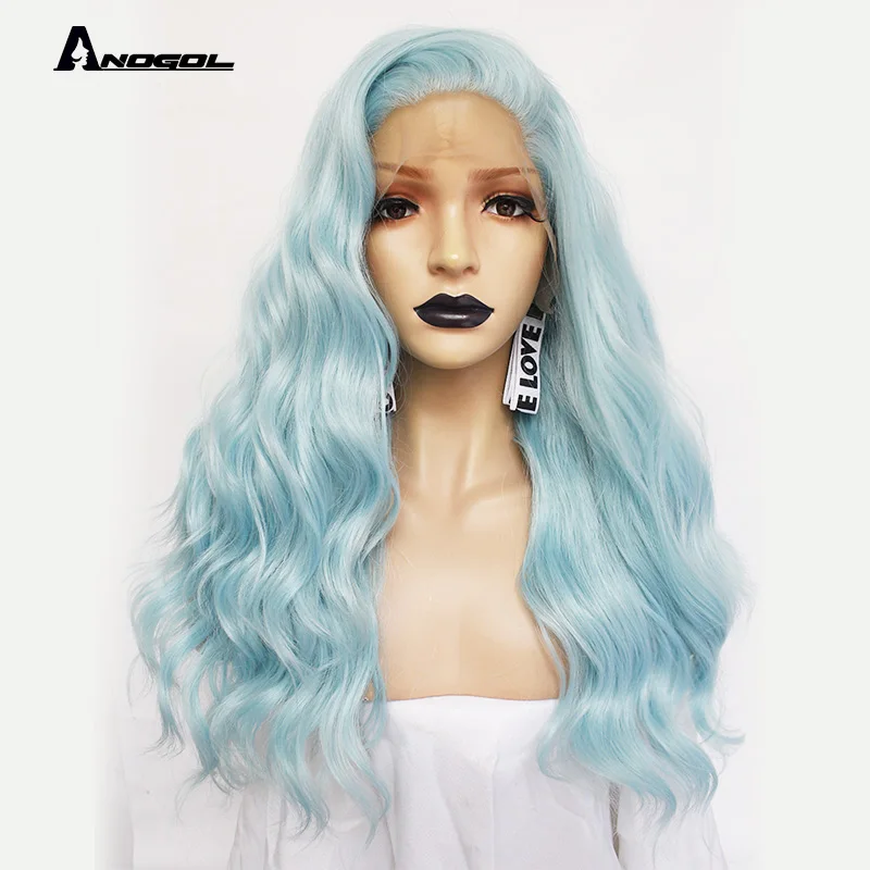 Anogol 24" Mint Green Long Body Wave Synthetic Lace Front Wig Free Part High Temperature Fiber For White Women Brand New Hair