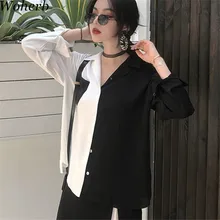 Woherb coreano Verano de 2021 las mujeres de Harajuku Tops Blusas con contrastes Patchwork blanco negro camisa elegante dama Top Chic Blusas 74820