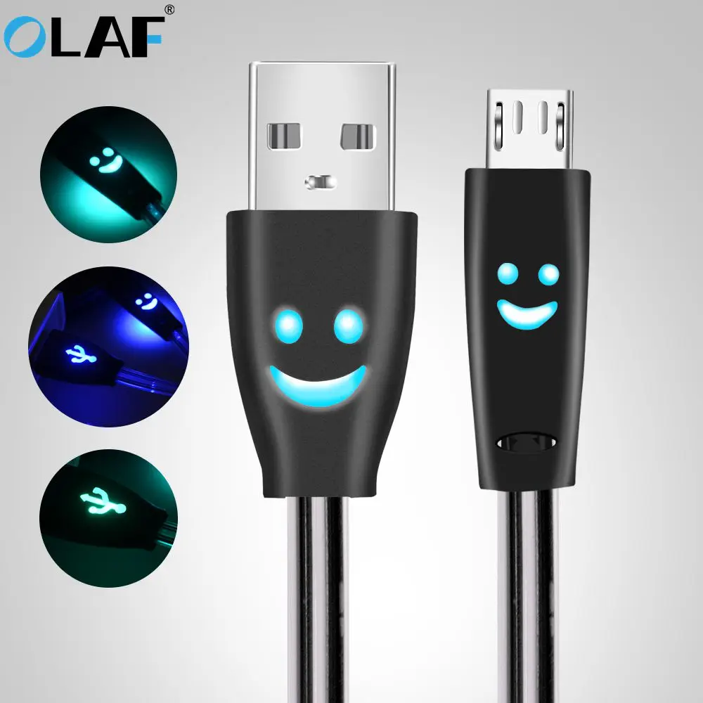 المصغّر USB كابل الوجه المبتسم مصباح LED متوهج ضوء سريع تهمة USB كابل بيانات ل فون شاحن هاتف محمول يعمل بنظام تشغيل أندرويد USB شحن الكابلات