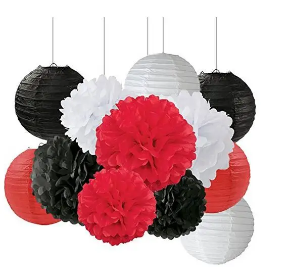 Pack of 12 White Black Red Mixed Colour Tissue Paper Pom Pom Pom Paper Flower Ball Decoration Tissue Ball Paper Decoration for Ladybird Birthday Party Nursery Decor Party Favors 