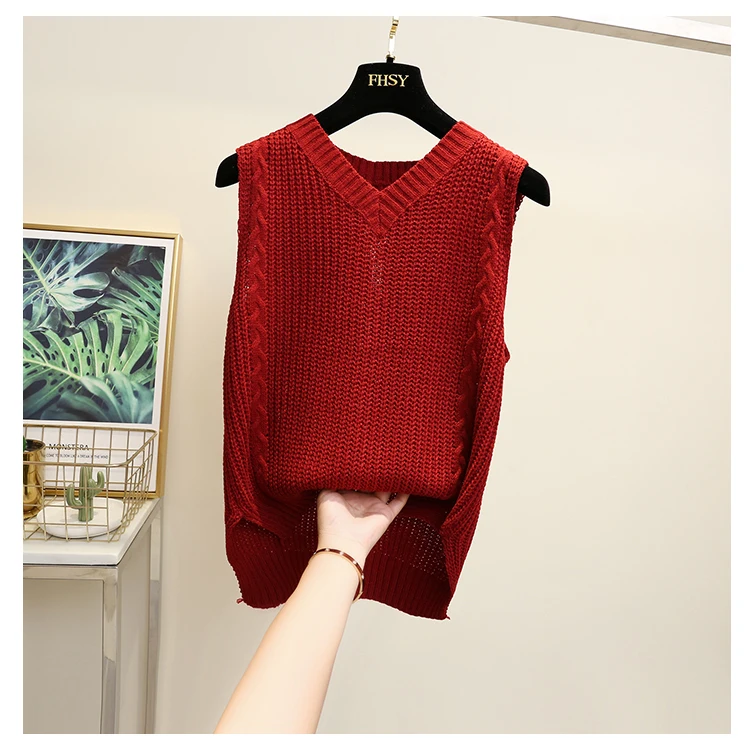 Autumn Women Spring Sleeveless V-neck Knitted Vest Coat Twist Drawstring Irregular Hem Sweater Tank Tops Knit Pullovers Vests