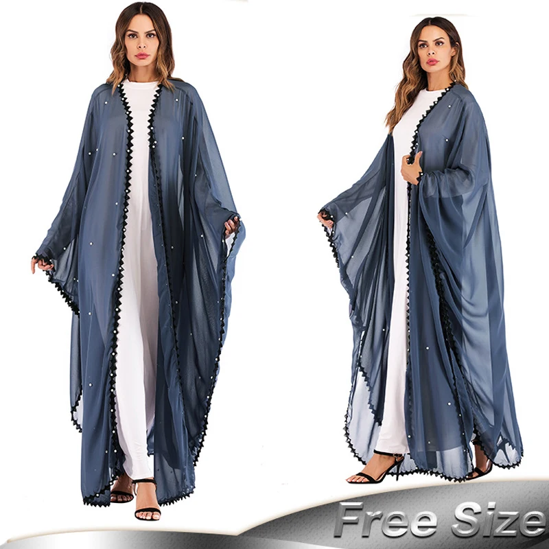 Abaya Kaftan Dubai Long Lace Mesh Pearls Muslim Hijab Dress...