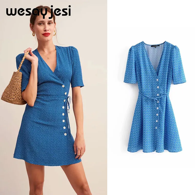 

2019 summer spring dress women vestidos short sleeve sashes dot print mini v neck streetwear vestidos de fiesta party dress