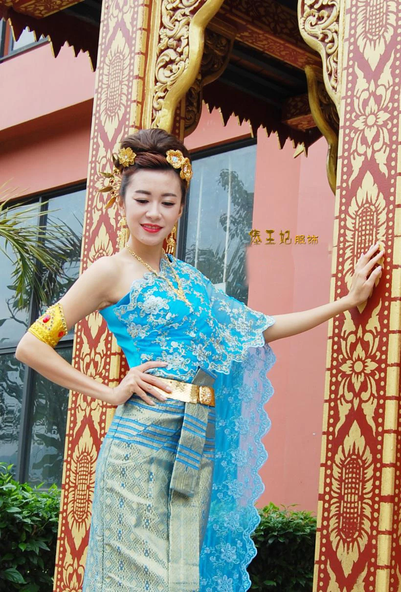 Азиатский тайский Лаос Вьетнам дай народный танец традиционное платье синяя королева одно плечо древний Таиланд стиль наряд