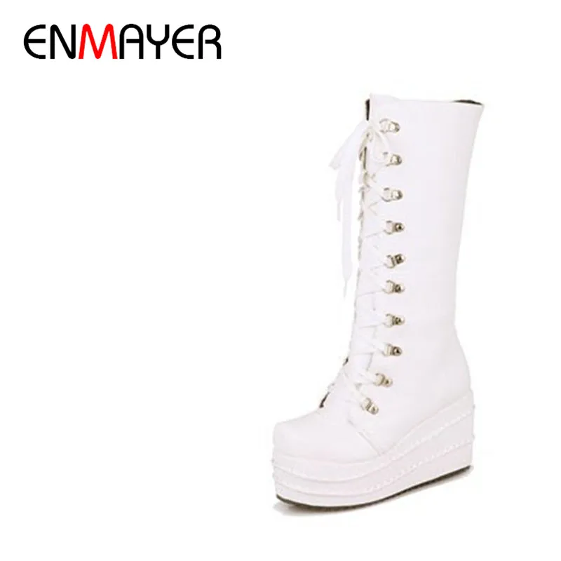 ENMAYER Punk Cross Tied Platform Wedge Mid Calf Back Zipper Pumps High ...