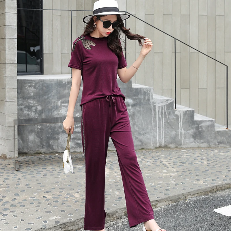 

Red Wine Two Piece Sets Woman Outfits Print 2019 New Summer Fashion Women's Sets Wide Loose Pants and Top Plus Size Big Clothing