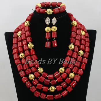 

Women Costume Red Coral Jewellery Necklace Set New Nigerian Wedding African Coral Beads Bridal Jewelry Sets Free Shipping ABF903