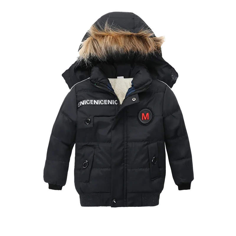 Winter Warm Thicken Fur Collar Child Coat Children Outerwear Windproof Fleece Liner Baby Boys Jackets For 90-110cm - Цвет: Черный