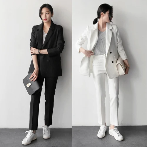 Women South Korea Long Sleeved Professional Thin Straight Stripes Two Piece Set Lady Office Lady Suit Femme