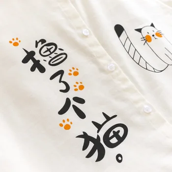 Summer Japanese Cute Fashion Linen Shirt Women School Style Funny Cat Tops Kawaii Printed Button Up Short Sleeve Girl Blouses 5