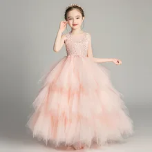 Многослойное праздничное платье принцессы в стиле вечернее платье Аппликации для девочек в цветочек, платья для свадьбы с украшением в виде кристаллов детское нарядное платье на день рождения, вечерние платья B423