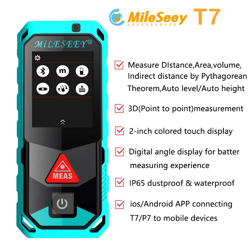 Лазерный дальномер Mileseey T7, 40 м, 60 м, 100 м, Bluetooth, с поворотным сенсорным экраном, перезаряжаемый лазерный измеритель