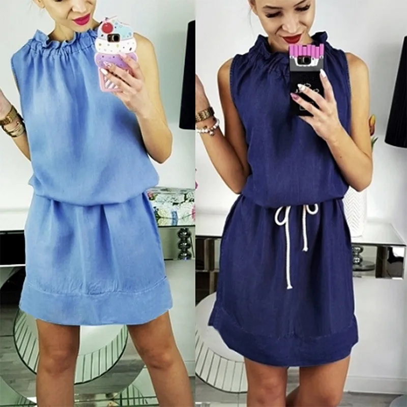 Moda Mujer sin mangas DE mezclilla Jean vestidos Casual más tamaño batas con cinturón azul Jeans vestidos Ropa DE Mujer WS8892U Moda Mujer sin mangas DE mezclilla Jean vestidos Casual más tamaño batas con cinturón azul Jeans vestidos Ropa DE Mujer WS8892U
