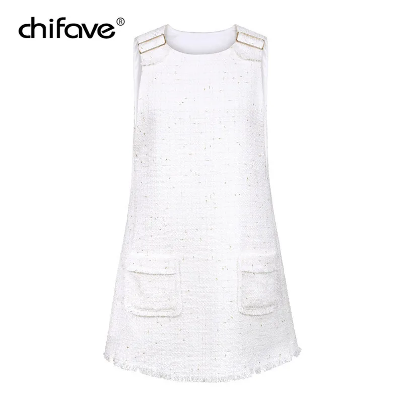 Women White Tweed Casual Tank Dress Sweet Sleeveless