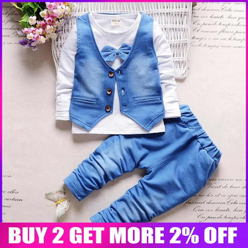 

BibiCola 2017 new baby clothing sets newborn for boy 2pcs Denim jacket+pants Bowknot children's cotton clothes denim outerwear