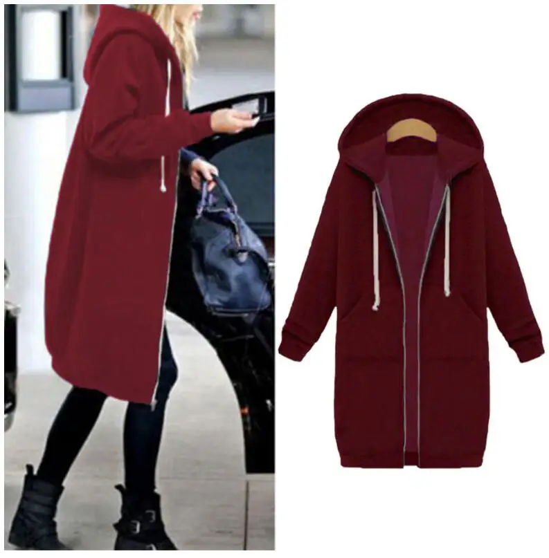 Осень зима весна женские большие размеры Длинные куртки с капюшоном пальто на молнии с карманами женская верхняя одежда пальто 8 цветов XXXL 4XL 5XL - Цвет: Бургундия