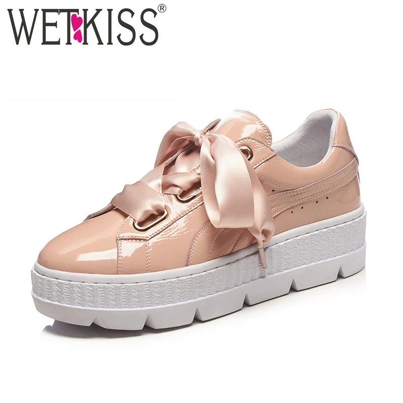 

WETKISS 2019 New Fashion Casual Women Sneakers Shoes Satin Strap Platform Female Shoes Genuine Leather Round Toe Women Flats