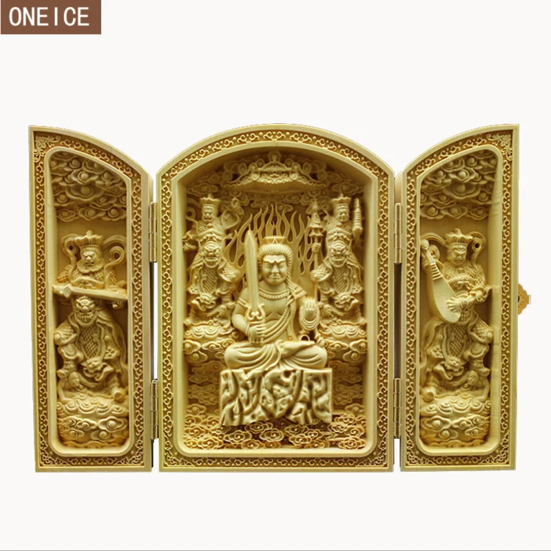 

Creative wooden Buddha statue model Solid wood exquisite carving 3 open folding Buddha statue Home decoration model crafts